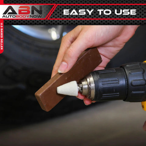 Person using Aluminum Polishing Buffing Kit for Cars and Motorcycles 14 Piece Drill Buff Attachments with compound