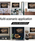 Rock Solid Sound Absorbing Wall Panels With Fresh UV Printed Artwork For Studio Home Office Setup And Quiet Room Vibe Featuring Heavy Duty Insulation And Sleek Colors In A Convenient Eight Piece Bundle Measuring 12X16 Inches displayed in various stylish settings.