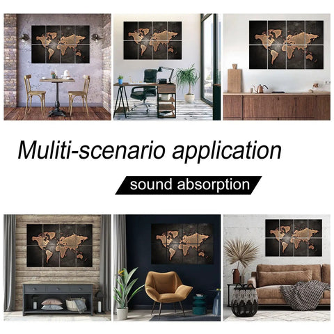 Rock Solid Sound Absorbing Wall Panels With Fresh UV Printed Artwork For Studio Home Office Setup And Quiet Room Vibe Featuring Heavy Duty Insulation And Sleek Colors In A Convenient Eight Piece Bundle Measuring 12X16 Inches displayed in various stylish settings.