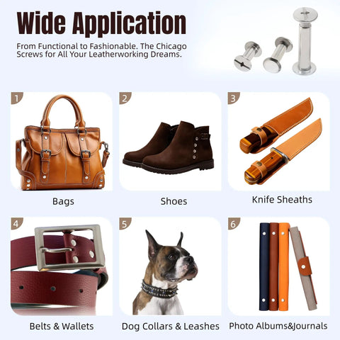 Leather Craft Chicago Screw Kit applications including bags, shoes, knife sheaths, belts, dog collars, and journals