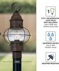 Outdoor Lantern Post Light With Rustic Bronze Finish, Weather Resistant Post Lamp For Yard, Garden, Patio, 10x19 inches