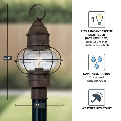 Outdoor Lantern Post Light With Rustic Bronze Finish, Weather Resistant Post Lamp For Yard, Garden, Patio, 10x19 inches
