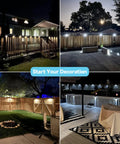 Solar Fence Lights Outdoor Waterproof Wall Lights illuminating patios and steps at night in multiple backyard settings, 4 pack.