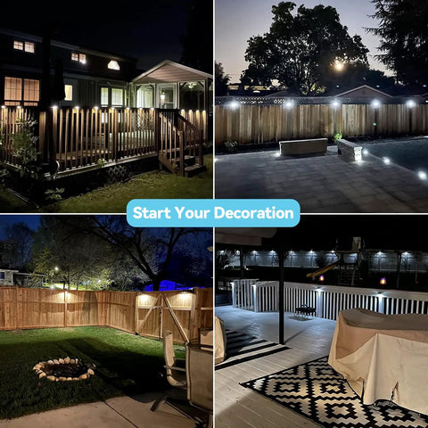 Solar Fence Lights Outdoor Waterproof Wall Lights illuminating patios and steps at night in multiple backyard settings, 4 pack.