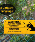 8 Pack Electric Fence Warning Signs 10 By 4 Inch Durable High Visibility Yellow And Black Signs For Farm Ranch Property Safety Warn Intruders Or Animals Easy Peel Adhesive Outdoor Weatherproof on chain-link fence, 3-language sign