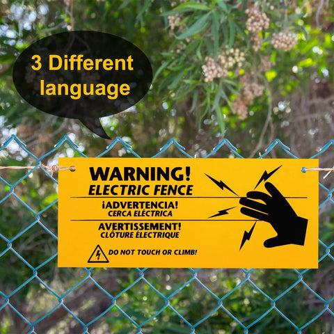 8 Pack Electric Fence Warning Signs 10 By 4 Inch Durable High Visibility Yellow And Black Signs For Farm Ranch Property Safety Warn Intruders Or Animals Easy Peel Adhesive Outdoor Weatherproof on chain-link fence, 3-language sign