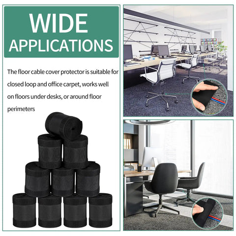 Long 98.43 Ft Carpet Cord Cover And Cable Protector Floor Strip stacked for office use, shown in workspace, black color.