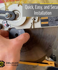 Delmar Tools miter saw laser guide, black circular module, being installed on a 3/8 in arbor