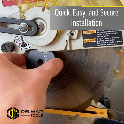 Delmar Tools miter saw laser guide, black circular module, being installed on a 3/8 in arbor