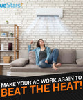 Woman relaxing on sofa under air conditioner with text 'Make Your AC Work Again to Beat the Heat!' on brick wall background.