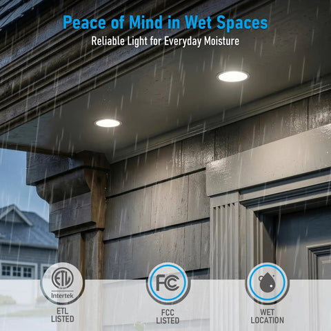 TORCHSTAR 2-Pack 4-Inch 5CCT LED Recessed Light with J-Box, Wet Location installed on a covered porch during rain.