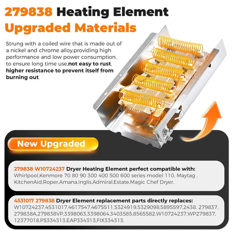 Upgraded 279838 Dryer Heating Element Kit with W10724237 Thermostat, WP3387134 Cycling Thermostat, WP3977767 High Limit Thermostat, 3977393 Thermal Cut Off Switch, WP3392519 Thermal Fuse for most major home dryers, with nickel-chrome coiled wire visible.