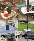Collage showing 15 Inch Umbrella Table Tray with drink holders, snack compartments, and phone slots in various outdoor settings.