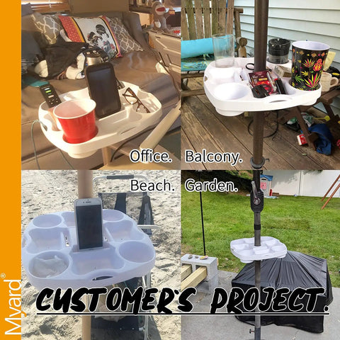 Collage showing 15 Inch Umbrella Table Tray with drink holders, snack compartments, and phone slots in various outdoor settings.