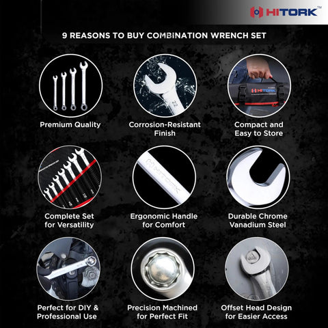 Shop Tested Beefy 11 Piece SAE Combination Wrench Set With Heavy Duty Roll Pouch displaying features like ergonomic handle and corrosion resistance.