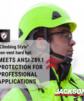 Worker wearing Climbing Style Hard Hat With Chin Strap And Cup Non Vented Construction Helmet ANSI Z89 1, side view.