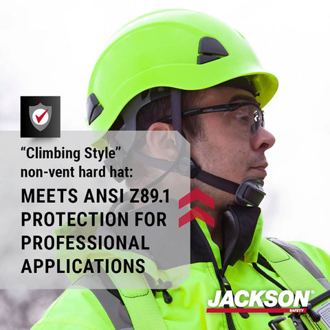 Worker wearing Climbing Style Hard Hat With Chin Strap And Cup Non Vented Construction Helmet ANSI Z89 1, side view.