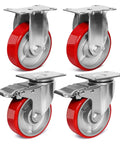 4 Inch Heavy Duty Caster Wheels With Slick Polyurethane On Steel Set Of Four for carts, featuring two locking brakes and durable build.