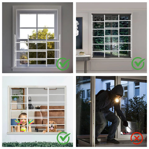 Real Deal Heavy Duty Tubular Steel Window Security Bars With Tamper Proof Mounting Hardware Adjustable Width Design And Rust Resistant Finish installed in various window settings with checked safety indicators.