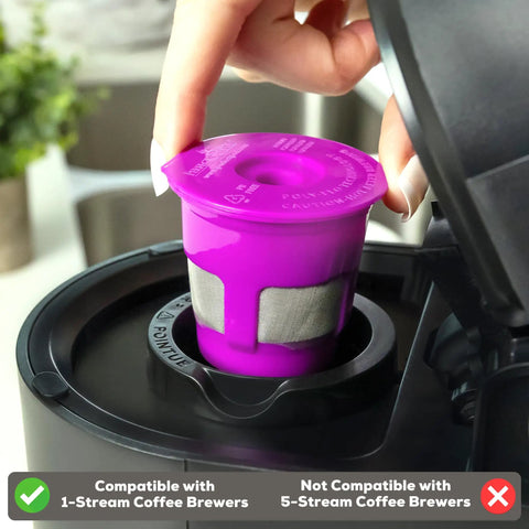 Cafe Fill Value Pack With Reusable K Cup Filters And Scoop For Keurig Brewers, 1-Stream Pod being inserted into a brewer
