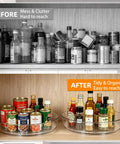 Before and after of pantry organization using Easy Peasy 10 Inch Round Lazy Susan Turntable Organizer, 3 Pack Sleek Spinning.
