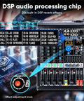 Four Channel Bluetooth Mixer With USB MP3 Player And 48V Phantom Power showing DSP effects panel and control knobs.
