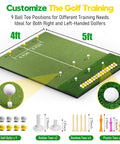 Durable 5x4ft Dual Turf Golf Hitting Mat with Ball Tray for Indoor Outdoor Practice showing layout, balls, and tees.