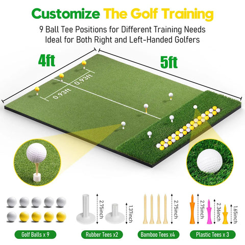 Durable 5x4ft Dual Turf Golf Hitting Mat with Ball Tray for Indoor Outdoor Practice showing layout, balls, and tees.