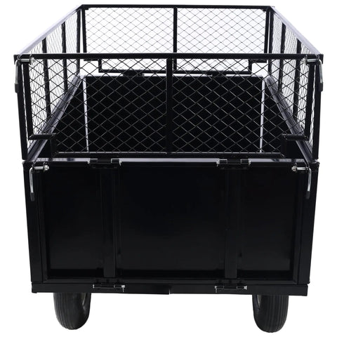 Rear view of Heavy Duty Steel Dump Trailer 22 Cu Ft Capacity With All Terrain Tires 750 Lb Load showing open mesh sides.
