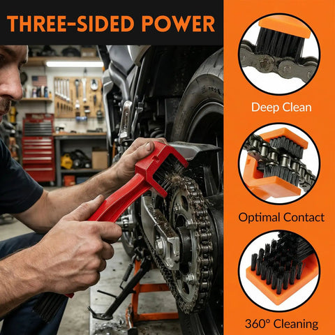 Two Pack Motorcycle Chain Cleaning Brush Set With Double-Ended Design Three-Sided And Long Bristles For Deep Clean Dirt Scrubber