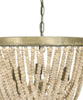 Close-up of Draped Wood Bead Chandelier With Gold Washed Metal Base And Brushed Finish Long 10 Foot Cord And 6 Foot Chain