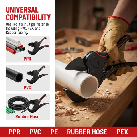 Heavy Duty Ratcheting Pipe Cutter With SK5 Teflon Coated Blade And Aluminum Body For PVC PEX CPVC PE PP Rubber Hose 75 Mm Delivers Smooth Clean Cuts With Low Friction And Burr Free Edges. cutting white PVC pipe on workbench
