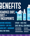 Front view of Ultra Clarity lens cleaner set with two 2-oz sprays, a 6-oz spray, two refills, and five microfiber cloths.