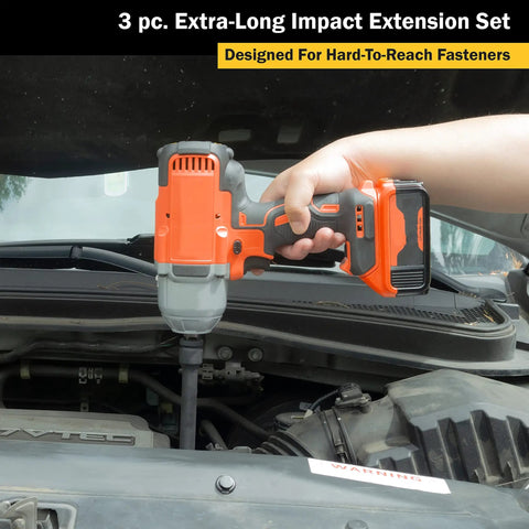 3 Piece Half Inch Drive Extra Long Impact Extension Set with 18 Inch used in car engine bay for hard-to-reach fasteners