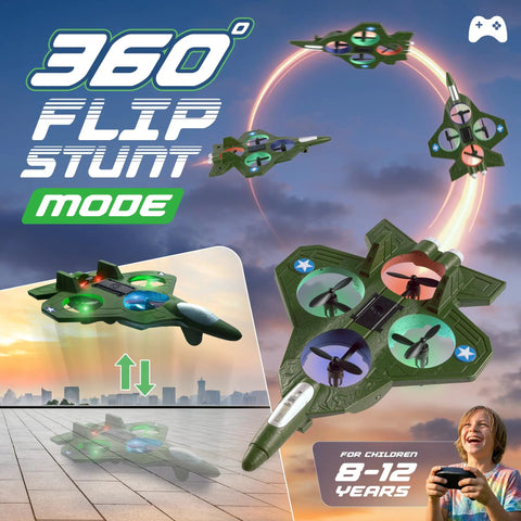Dope RC Stunt Plane For Kids And Adults With 3x Battery Life, LED Jet Fighter demonstrating a 360 degree flip mode on box art.