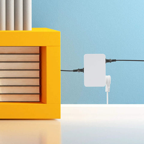 Side Entry Outlet Extender With Six Grounded Sockets 2 Pack Turns Two Outlets Into Six For Tight Spaces Behind Furniture And Desks UL Listed Wall Tap Power Splitter No Screws Needed Easy Plug In mounted on wall with plugs