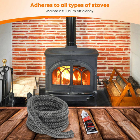 Stanbroil wood stove gasket kit, front view, with graphite-impregnated fiberglass rope and cement tube.