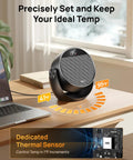 Powerful 1500W Space Heater With 60 Degree Adjustable Tilt, Remote Control, Quiet Portable Electric Heater for Bedroom or Office shown on a desk