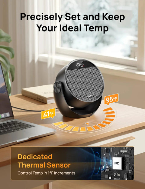 Powerful 1500W Space Heater With 60 Degree Adjustable Tilt, Remote Control, Quiet Portable Electric Heater for Bedroom or Office shown on a desk