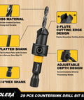 Pro Countersink Drill Bit Set For Fine Woodwork Includes Five Sharp Counter Sink Bits with 2-flute design and adjustable depth features.