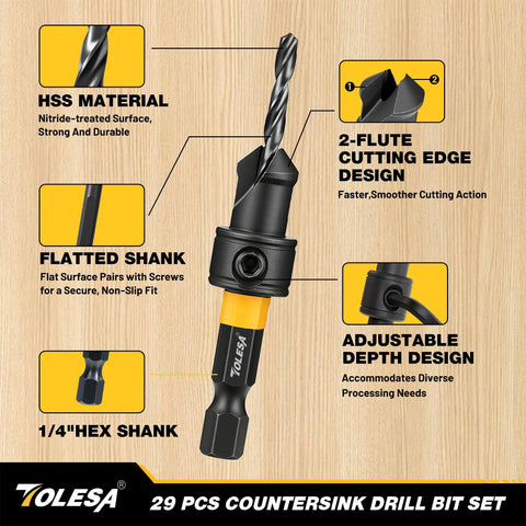 Pro Countersink Drill Bit Set For Fine Woodwork Includes Five Sharp Counter Sink Bits with 2-flute design and adjustable depth features.