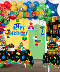 Nail The Party Vibe With This 310 Piece Building Block Birthday Decorations Kit Serving Twenty Five Guests Including Balloons Backdrop Centerpieces And Cake Toppers, colorful balloons and building block themed decorations.