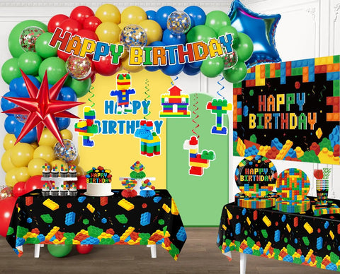 Nail The Party Vibe With This 310 Piece Building Block Birthday Decorations Kit Serving Twenty Five Guests Including Balloons Backdrop Centerpieces And Cake Toppers, colorful balloons and building block themed decorations.