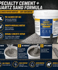 Image of No Fluff Concrete Crack Filler And Heavy Duty Dry Mortar Repair Kit For Indoor Outdoor Projects with gray cement mix.