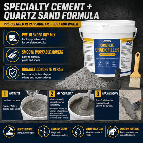 Image of No Fluff Concrete Crack Filler And Heavy Duty Dry Mortar Repair Kit For Indoor Outdoor Projects with gray cement mix.