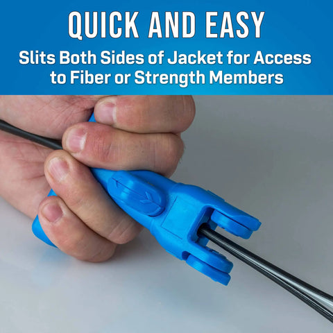 Pro Grade Fiber Optic Drop Cable Slitter For 0.250 Inch Flat Cable, Dual Sides Slitting in use on fiber optic cable