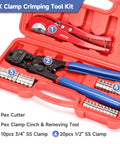 Cinch And Crimp Ratchet PEX Tool For Three Eighths To One Inch Stainless Steel Clamps With Removing Function in red case