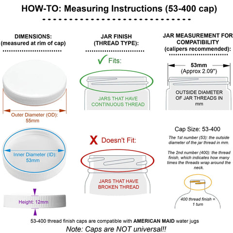 Diagram showing measuring instructions for 53mm White Threaded Cap for 3 and 5 Gallon Water Jugs Pack of 3 Easy Screw On Replacement Lids for 400 Neck Finish Fits American Maid Bottles Leak Proof and Durable