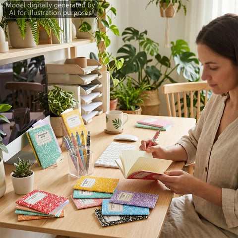 Woman writing in 24 Pack Mini Journal Notebooks With Ballpoint Pen, Themed Composition Notebooks For Back To School And Office Supplies.