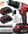 20V Cordless Power Drill Set With Dual 2000mAh Batteries 30Nm Torque 21 And 1 Clutch Settings Two Speeds Built In LED 34 Piece Accessory Kit Electric Screwdriver For Home DIY Handyman Favorite Red displayed with accessories